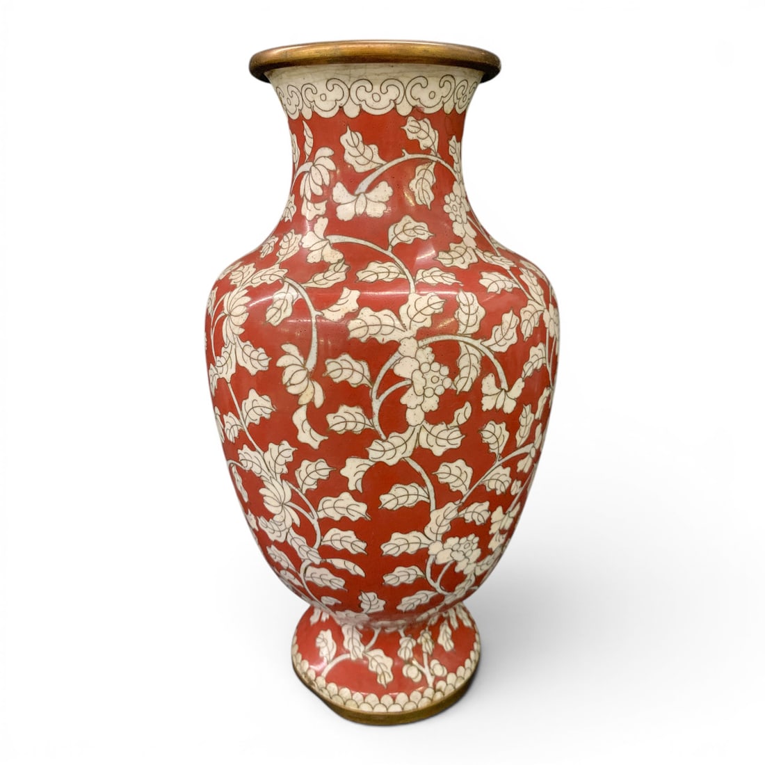 Vintage Chinese Red And White Cloisonne Vase: Vintage Chinese Cloisonne Vase With A Red Background With White Floral Designs Marked On Bottom: China10 1/4" TallShows Damage To Side - See Photos