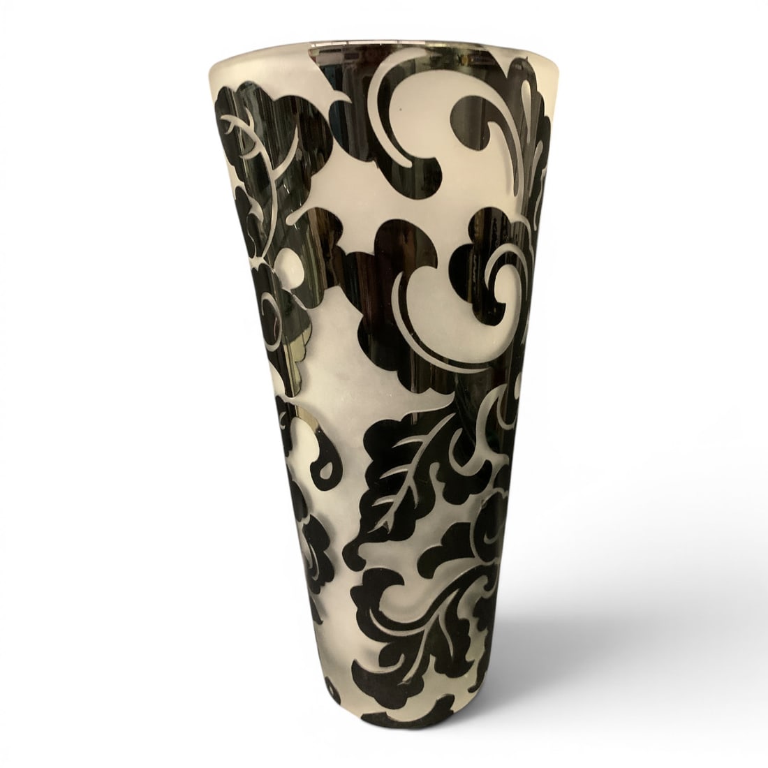 Frosted Glass Cylindrical Vase: Frosted Glass Cylindrical Vase Decorated With A Black Graphic Floral Pattern12 3/4" Tall