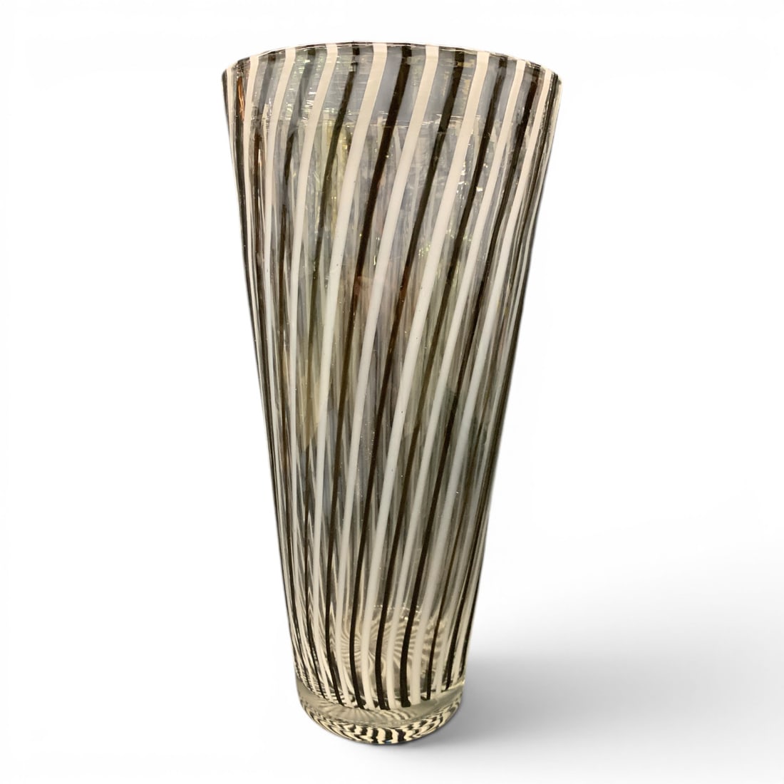 Glass Pinstripe Glass Vase: Glass Cylindrical Vase With A Black And White Pinstripe Design12 3/8" TallSmall Chip On Bottom Of Vase - See Photos