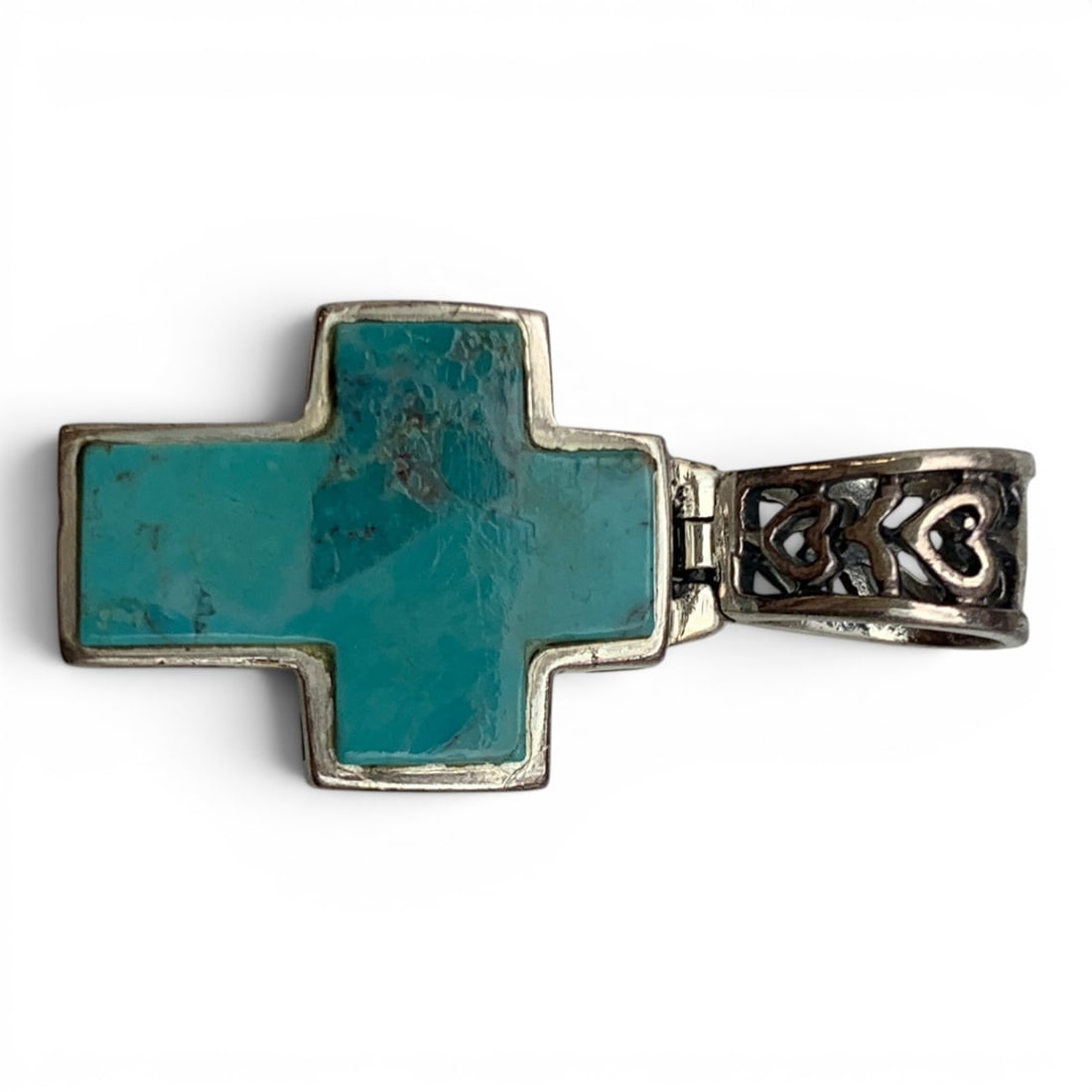 Sterling Silver & Turquoise Cross Pendant: Sterling Silver Cross Pendant Featuring A Blue Turquoise Stone Marked: 925 - 1 1/8" Long - 4.0 Grams