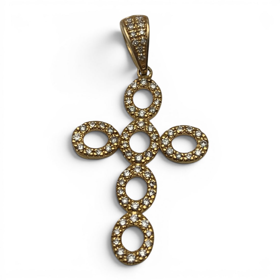 14k Yellow Gold & Diamond Cross Pendant: 14k Yellow Gold Cross Pendant Featuring 70 Round Cut Earth Mined Diamonds Approx. 0.01ct Each. Approx. 0.70ctw Of Diamonds.Tests 14k - 1 1/2" Long - 1.6 DwtGemstones Tested With Presidium Gem Tester