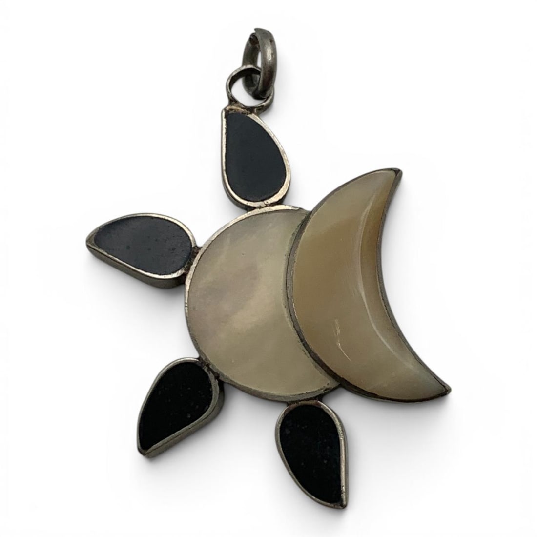 Silver Mother Of Pearl & Enamel Pendant: Silver Pendant Featuring Mother Of Pearl & Black Enamel Work Tests Silver - 1 3/8" Long - 2.9 Grams