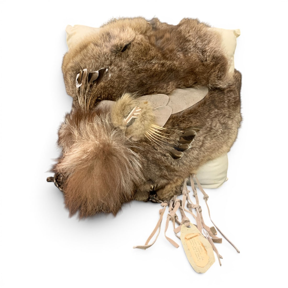 Handmade Decorative Animal Pillow: Handmade Decorative Animal Pillow Made From Rabbit, Fox, Painted Stones, Arrow Heads, Hackle, Suede And Duck FeathersMarked On Back: Leoma Lovegrove13" X 14"