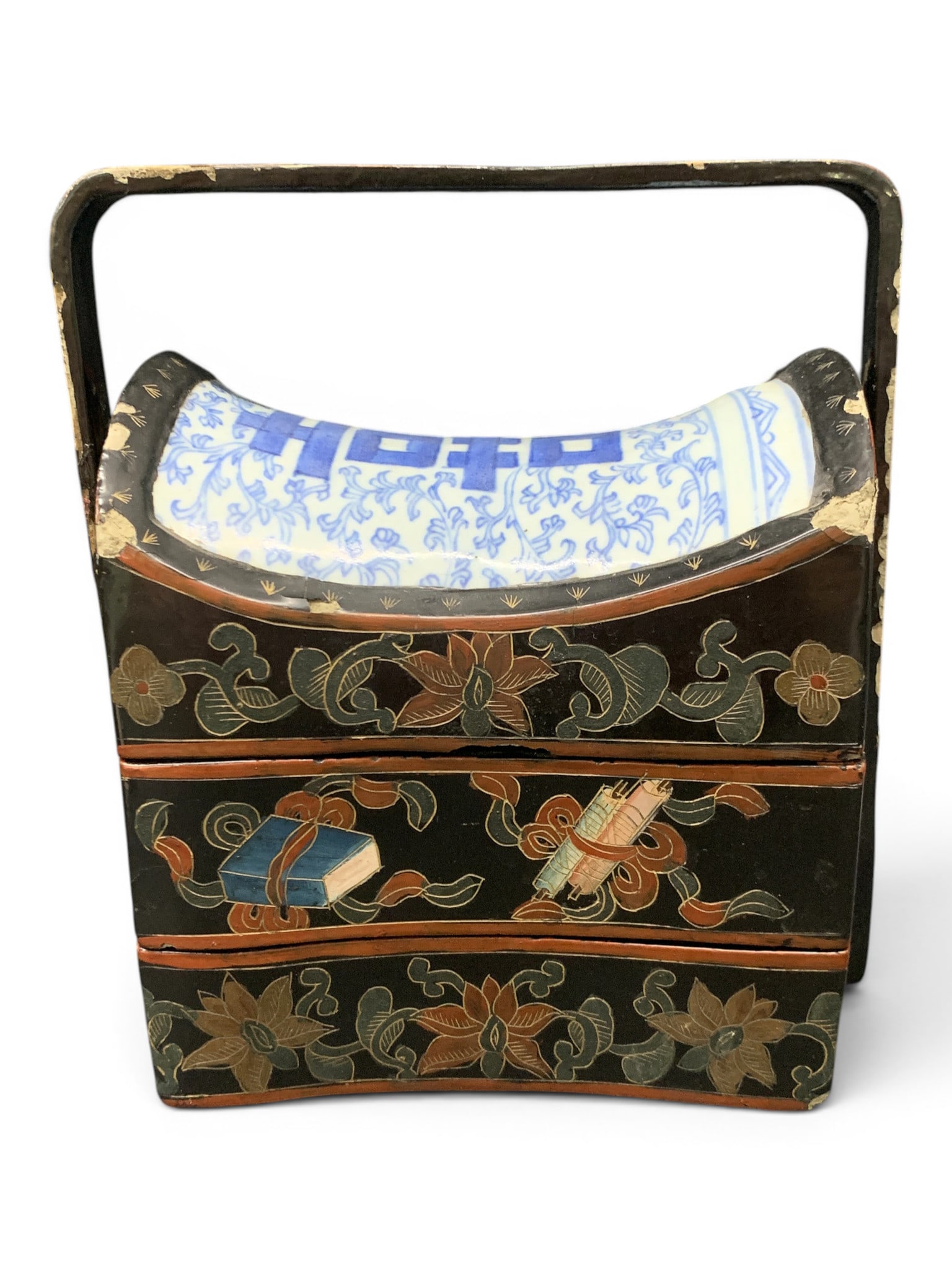 Antique Chinese Lacquered Tiffin Carrier: Antique Chinese Lacquered Tiffin Carrier Featuring A Stacked Design With Two Compartments And A Removeable Inset Porcelain Top Decorated In Blue And White7 7/8" Tall - 7 1/8" LongShows Damage To