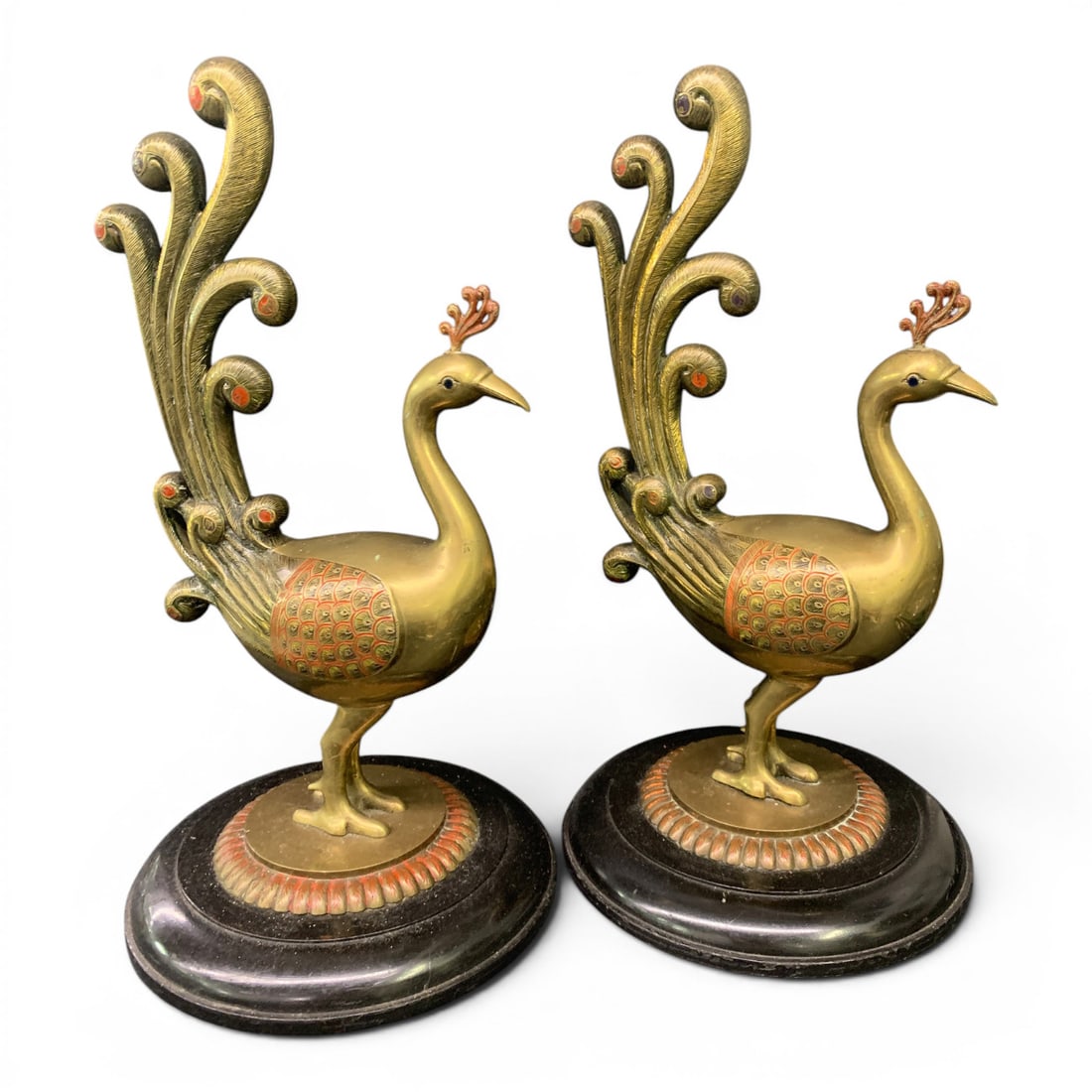 Pair Of Vintage Brass Peacock Sculptures: Pair Of Vintage Brass Peacock Sculptures Featuring Blue Stones For Eyes17" Tall