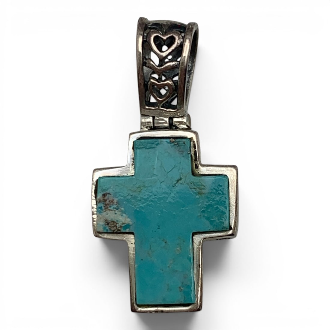 Sterling Silver & Turquoise Cross Pendant: Sterling Silver Cross Pendant Featuring A Blue Turquoise Stone Marked: 925 - 1 1/8" Long - 3.8 Grams