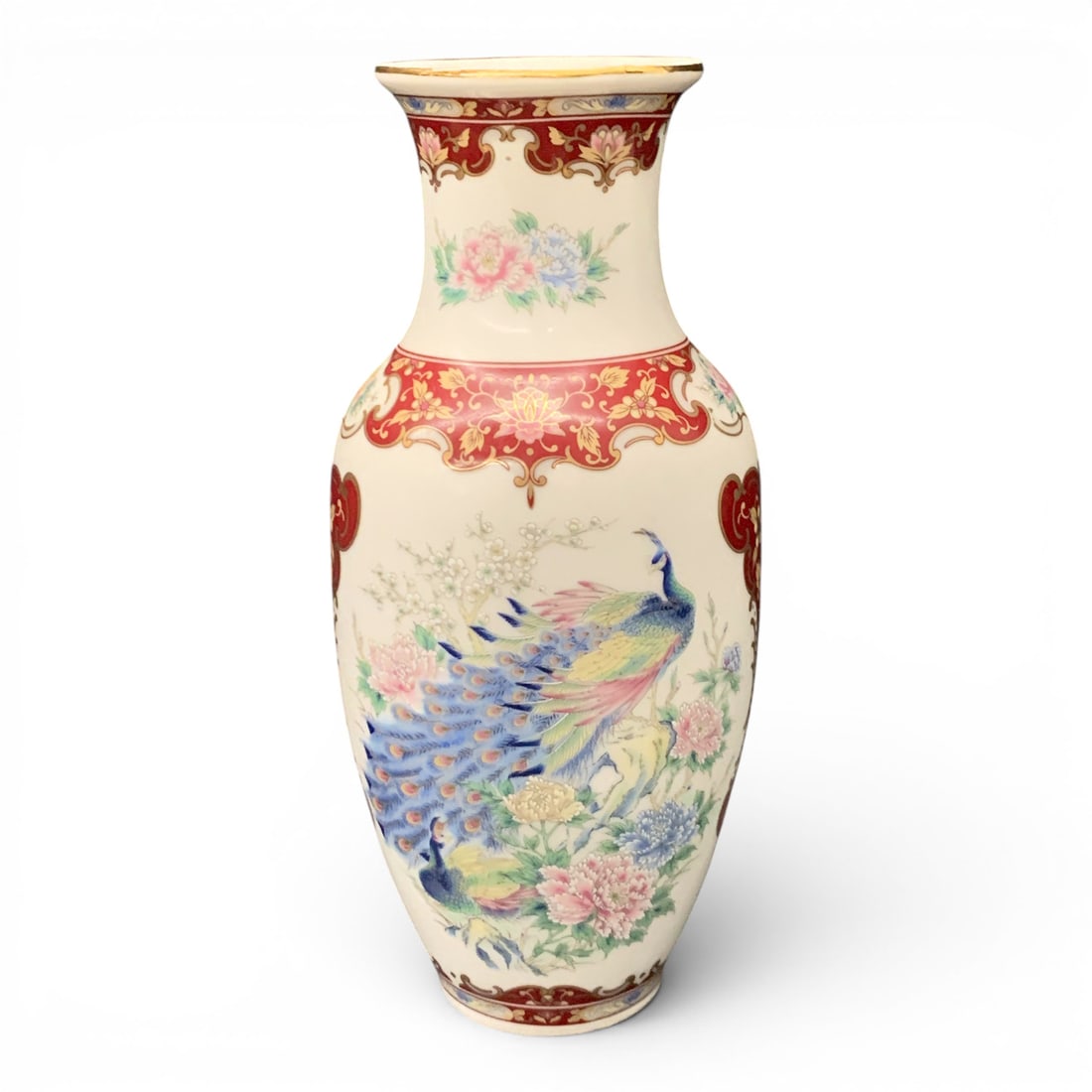 Vintage Toyo Porcelain Vase: Vintage Toyo Porcelain Vase From Japan Featuring A Detailed Peacock And Flower Design 8 3/8" Tall