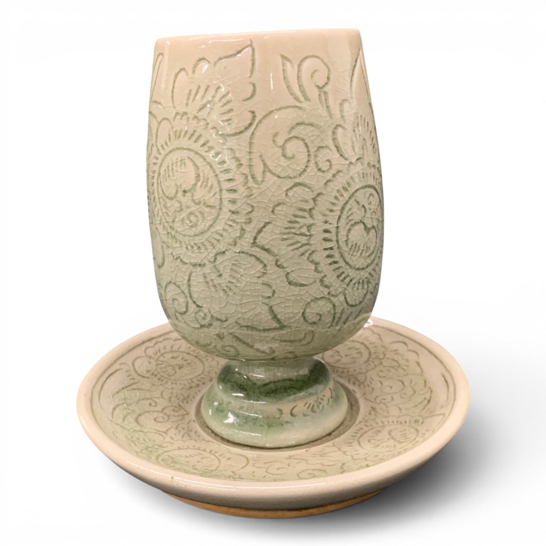 Green Crackled Celadon Ceramic Cup & Saucer Set: Green Crackled Celadon Ceramic Cup & Saucer Set Featuring A Baroque Inspired Floral PatternCup: 5 3/4" Tall - Saucer: 6" Diameter