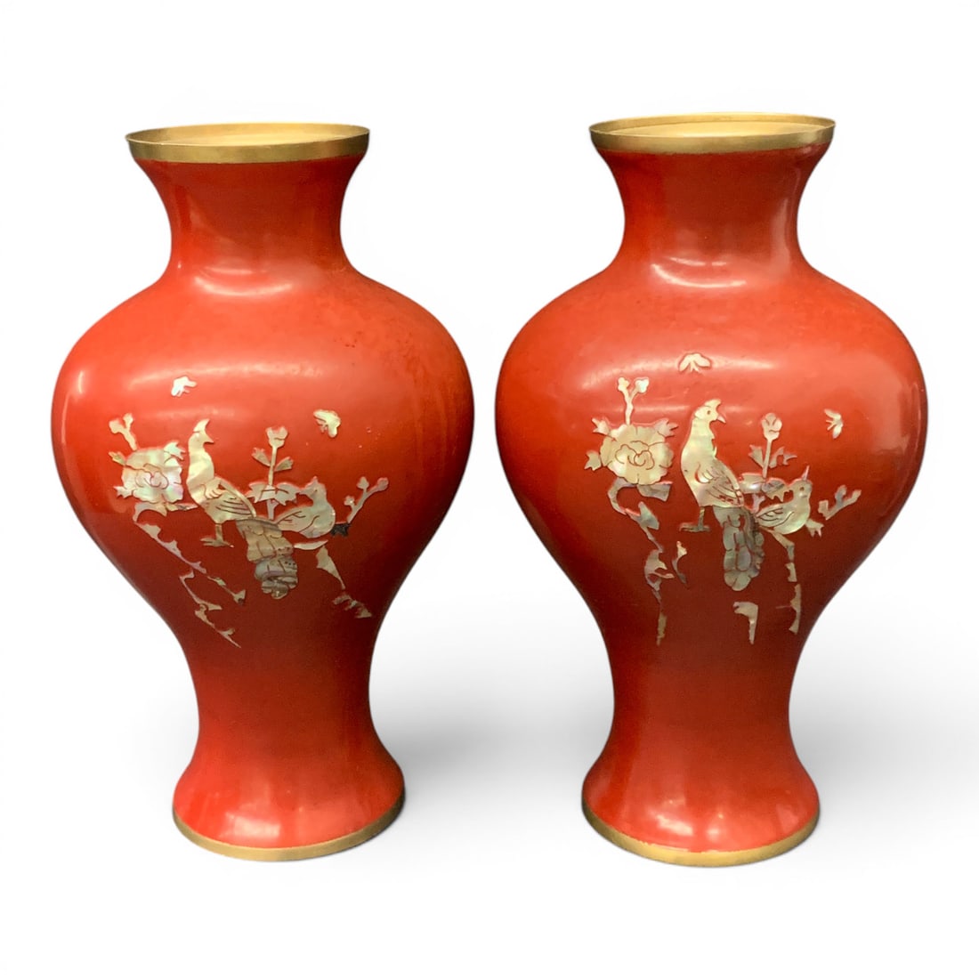 Pair Of Vintage Red Enamel Of Brass Vases: Pair Of Vintage Asian Style Vases Crafted From Red Enamel Over Brass With Mother Of Pearl Inlay8 7/8" Tall