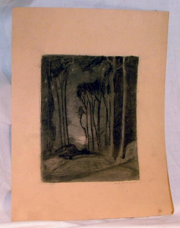 Signed Jane Peterson 9" x 7" pencil dra: Signed Jane Peterson 9" x 7" pencil drawing of path in the woods