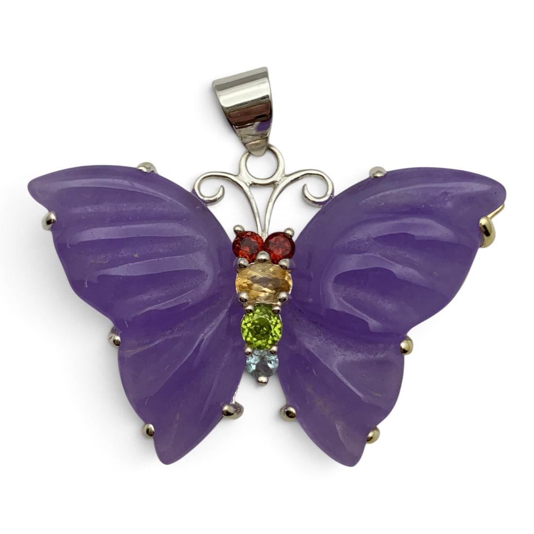 Sterling Silver & Purple Jade Butterfly Pendant: Sterling Silver Butterfly Pendant Featuring A Carved Purple Jade Stone And 5 Colored Precious Gemstones Marked: 925 - 1 3/4" Long - 17.4 Grams