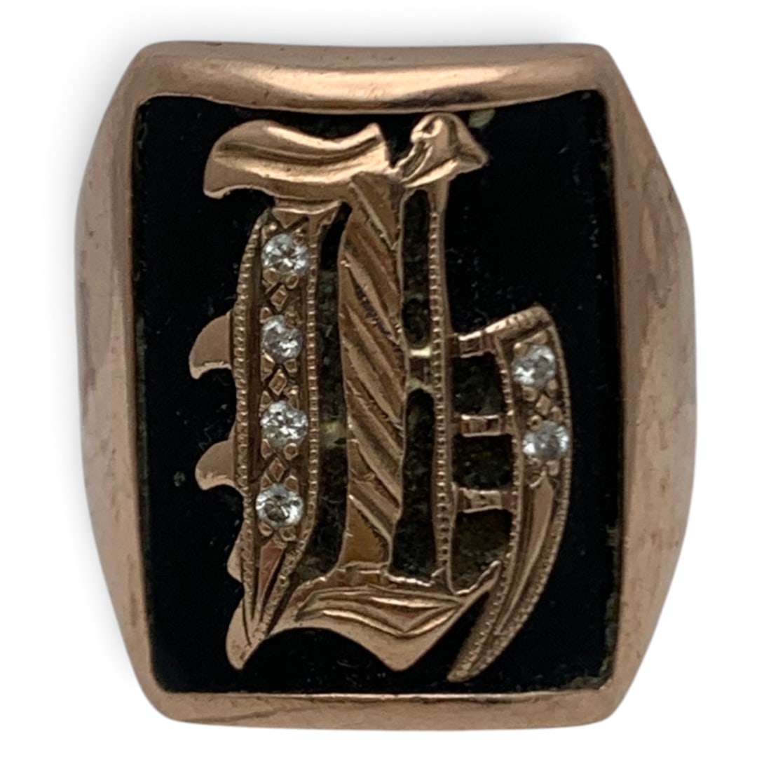 Victorian 14k Gold & Diamond Enamel Ring: Victorian 14k Gold Ring Featuring Black Enameling And 6 Round Cut Diamonds Approx. 0.02ct Each.Tests 14k - Size 7 - 4.9 DwtGemstones Tested With Presidium Gem Tester Il - Berners Does Not Guarantee Au
