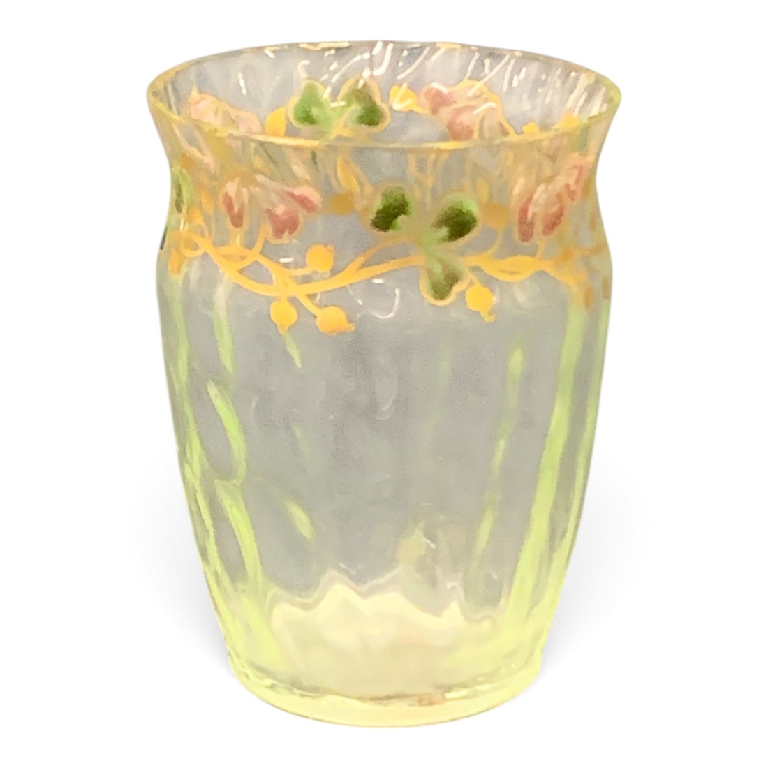 Antique E. Galle Enameled Glass Miniature Tumbler: Antique E. Galle Art Nouveau Enameled Light Green Glass Miniature Tumbler Featuring Hand Painted & Gilt Decoration Along The RimMarked On Bottom: E. Galle - 2 1/8" TallGlows Under Black Light
