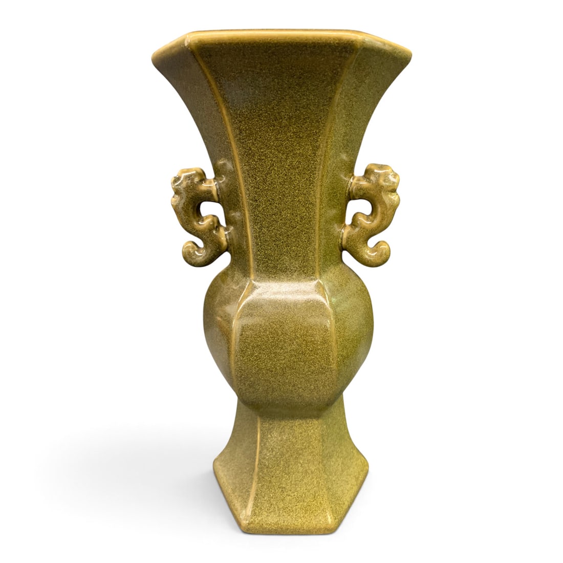 Signed Chinese Green Porcelain Vase: Signed Chinese Hexagonal Porcelain Vase Featuring Olive-green Glaze And Stylized Handles Bears Mark On Bottom - 14 5/8" Tall