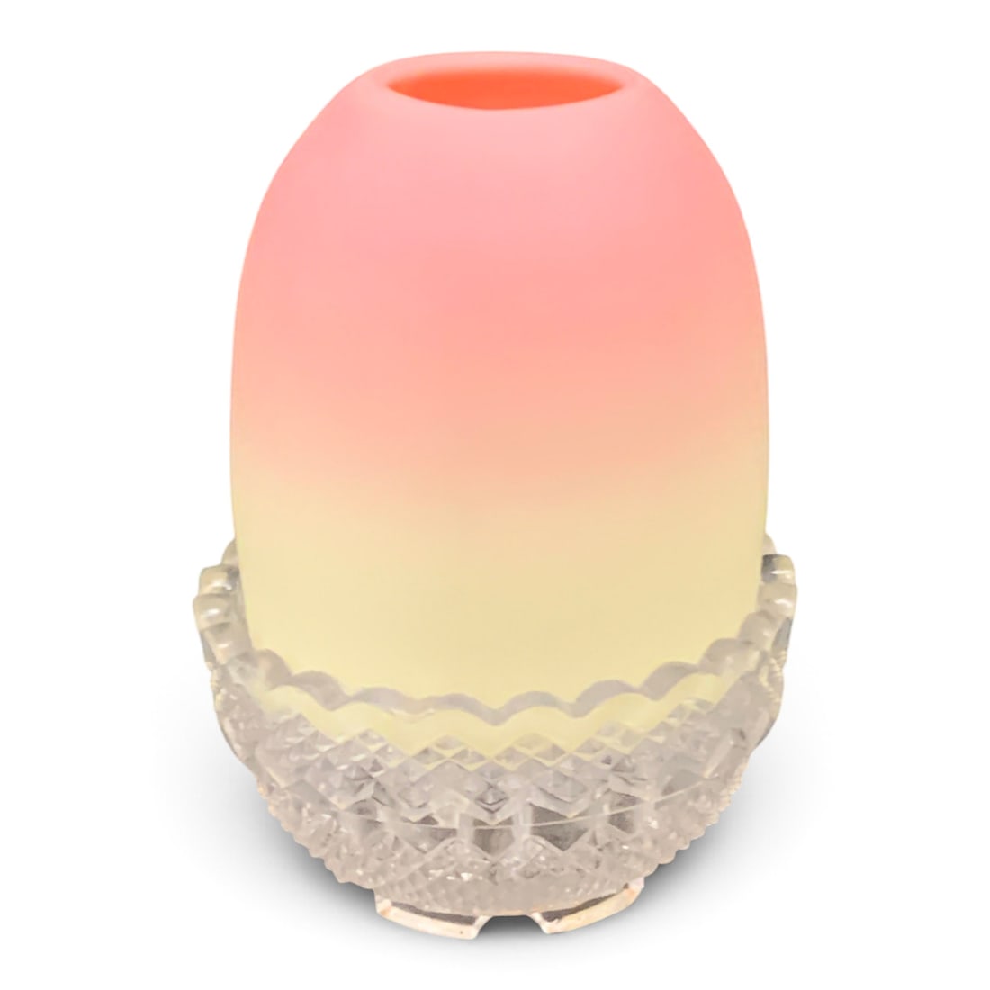 Victorian Samuel Clarke Fairy Lamp: Victorian Samuel Clarke Fairy Lamp Featuring A Thomas Webb & Sons Queen's Burmese Art Glass Shade Transitioning From Yellow To Pink Resting In A Clear Molded Glass Clarke's Patent Base Marked: S. Clar