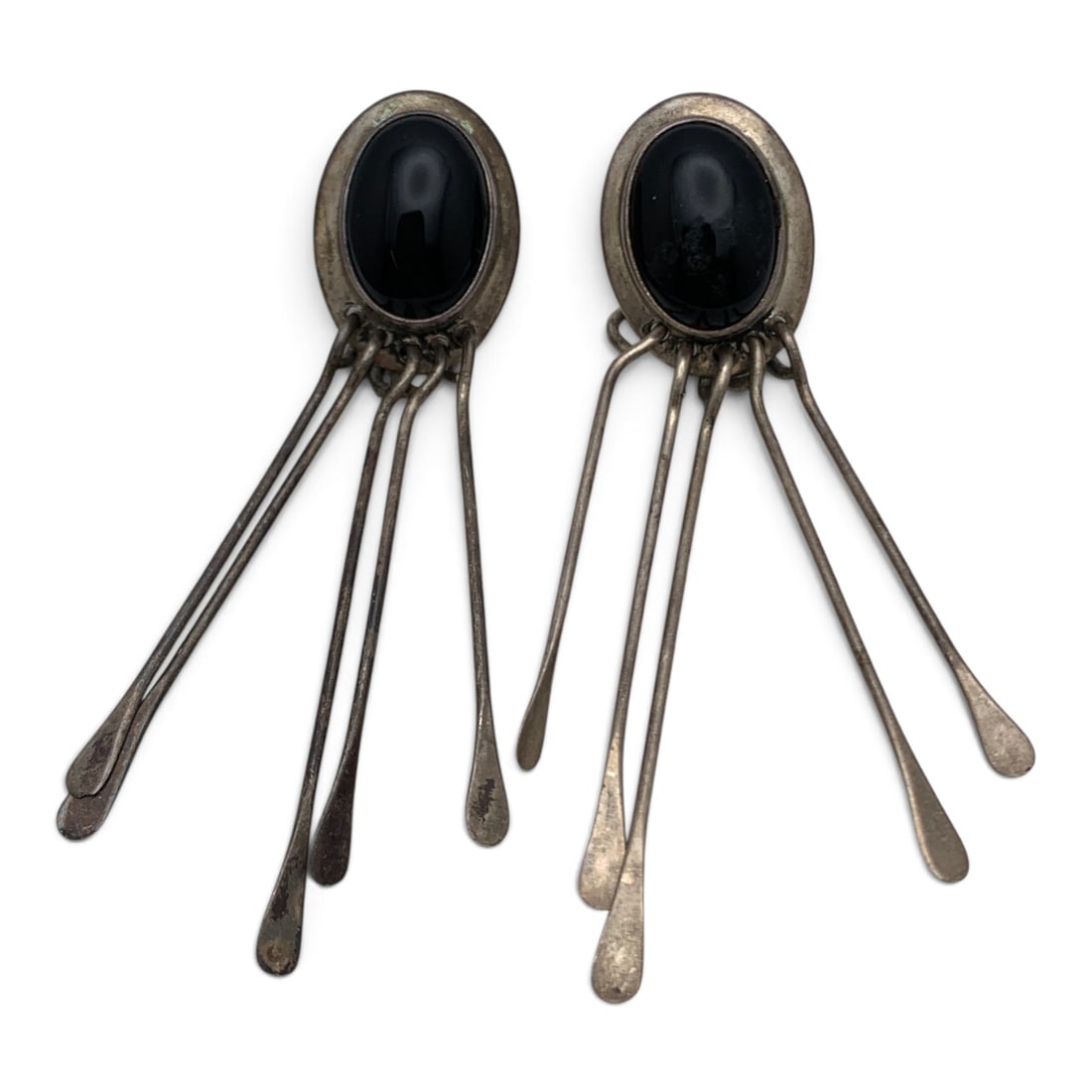 Pair Of Vintage Sterling & Black Stone Earrings: Pair Of Vintage Sterling Silver Dangle Earrings With A Black Cabochon Stone Marked: Sterling - 2 1/2" Long - 9.3 Grams