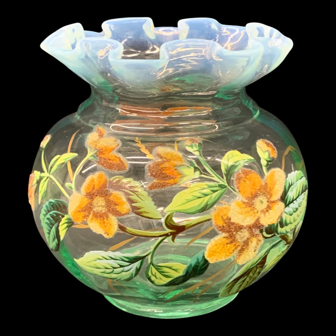 Fritz Heckert Green Glass Coralene Bowl Vase: Fritz Heckert Green Glass Bowl Vase Featuring A Coralene Butterfly & Flower Design Marked On Bottom: Patent - 5 1/4" Tall