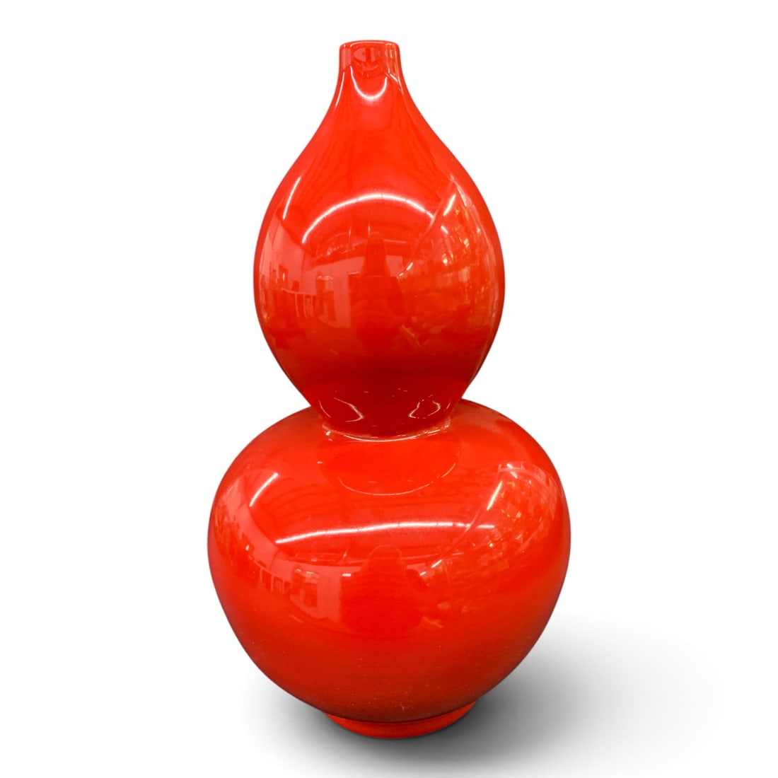 Signed Chinese Red Porcelain Vase: Signed Chinese Porcelain Vase Featuring A Glossy Red Glaze And A Double-gourd Design Bears Mark On Bottom - 12" Tall