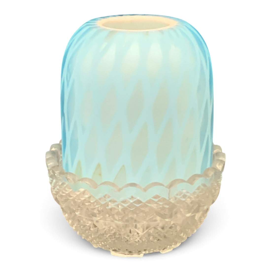 Victorian Smauel Clarke Satin Glass Fairy Lamp: 3 Piece Victorian Samuel Clarke Fairy Lamp Featuring A Blue Satin Diamond Quilted Shade In A Clear Molded Glass Clarke's Patent Base Marked: S. Clarke, Fairy Pyramid - 3 1/2" TallShade Shows Damage
