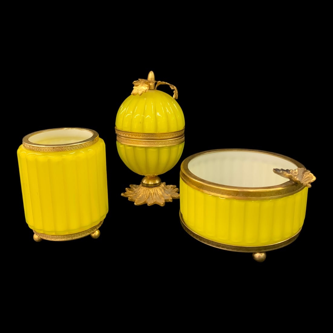 Vintage Murano Fratelli Toso 3-pc. Smoke Set: Vintage Murano Fratelli Toso 3-pc. Opalescent Smoke Set With Brass Ormolu TrimBears Blue Foil Label: Murano Glass, Made In Italy Egg-shaped Matches Holder: 5 1/4" TallCigarette Holder: 3 1/4" TallAsht