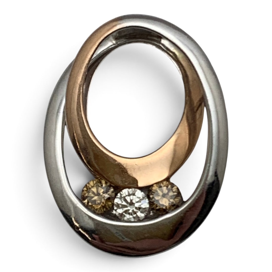 14k Two Tone Gold & Diamond Pendant: 14k White & Rose Gold Pendant Featuring 1 Center Set Round Cut White Diamond Approx. 0.15ct Flanked By Two Round Cut Yellow Diamonds Approx. 0.15ct Each. Marked: 14k - 7/8" Long - 3.3 Dwt