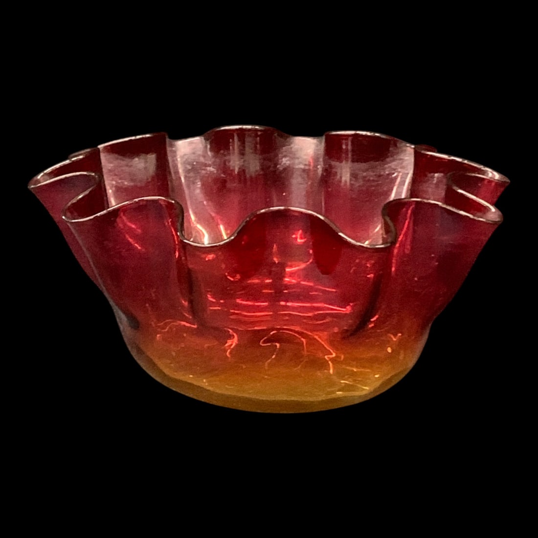 Antique Amberina Art Glass Bowl: Antique Amberina Art Glass Bowl With A Ruffled Rim Featuring A Yellow To Red Gradient 2 5/8" Tall