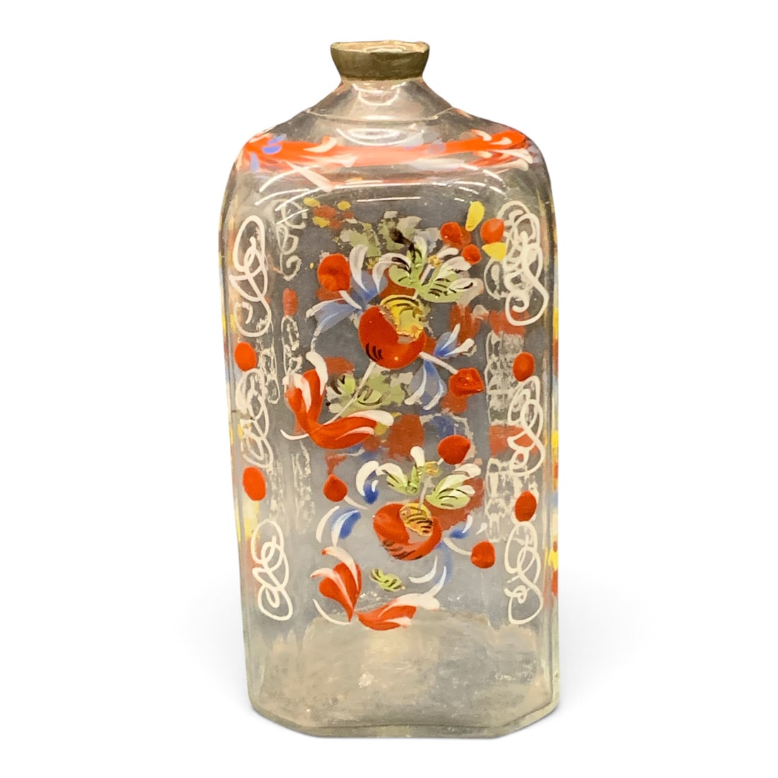 18th Century Stiegel Enameled Glass Flask: 18th Century Stiegel Glass Bottle Featuring A Clear Glass Background With Colorful Enameled Decorations 5 1/2" TallTop Shows Damage - See Photos