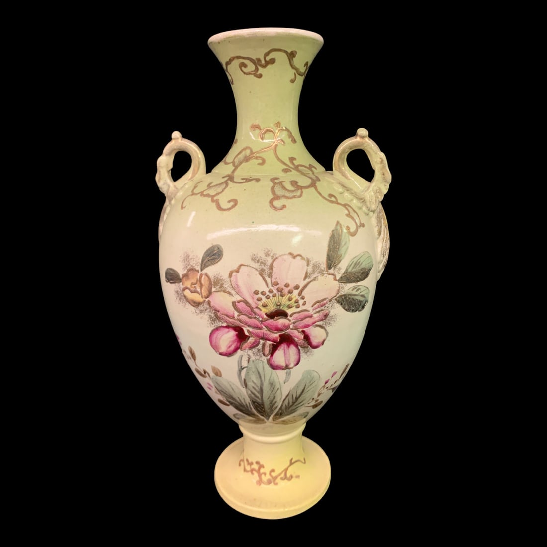 Vintage Hand-painted Ceramic Pedestal Vase: Vintage Hand-painted Ceramic Twin-handled Pedestal Vase Featuring Floral Motifs And Gilt Detailing12 1/4" Tall