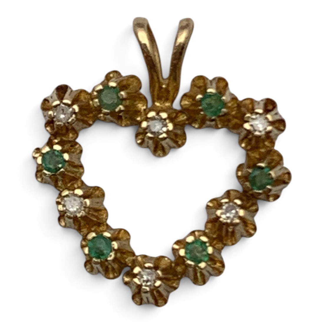 14k Yellow Gold Diamond & Emerald Pendant: 14k Yellow Gold Heart Pendant Featuring 6 Round Cut Emeralds And 6 Round Cut Diamonds Approx. 0.02ct Each.Tests 14k - 5/8" Long - 0.9 DwtGemstones Tested With Presidium Gem Tester Il - Berners Does