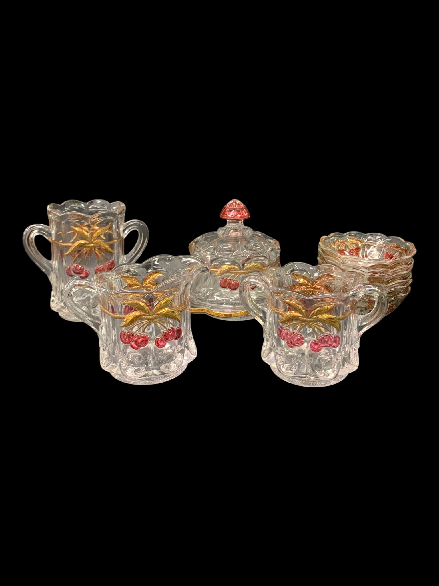 Grouping Of Vintage Moser Glass: Grouping Of Vintage Moser Glass Featuring The Cherry & Cable Pattern Featuring Clear Pressed Glass With Red Enameled Cherries And Gold Trim. Includes 1 Covered Dish, 6 Berry Bowls, 1 Pitcher, 2