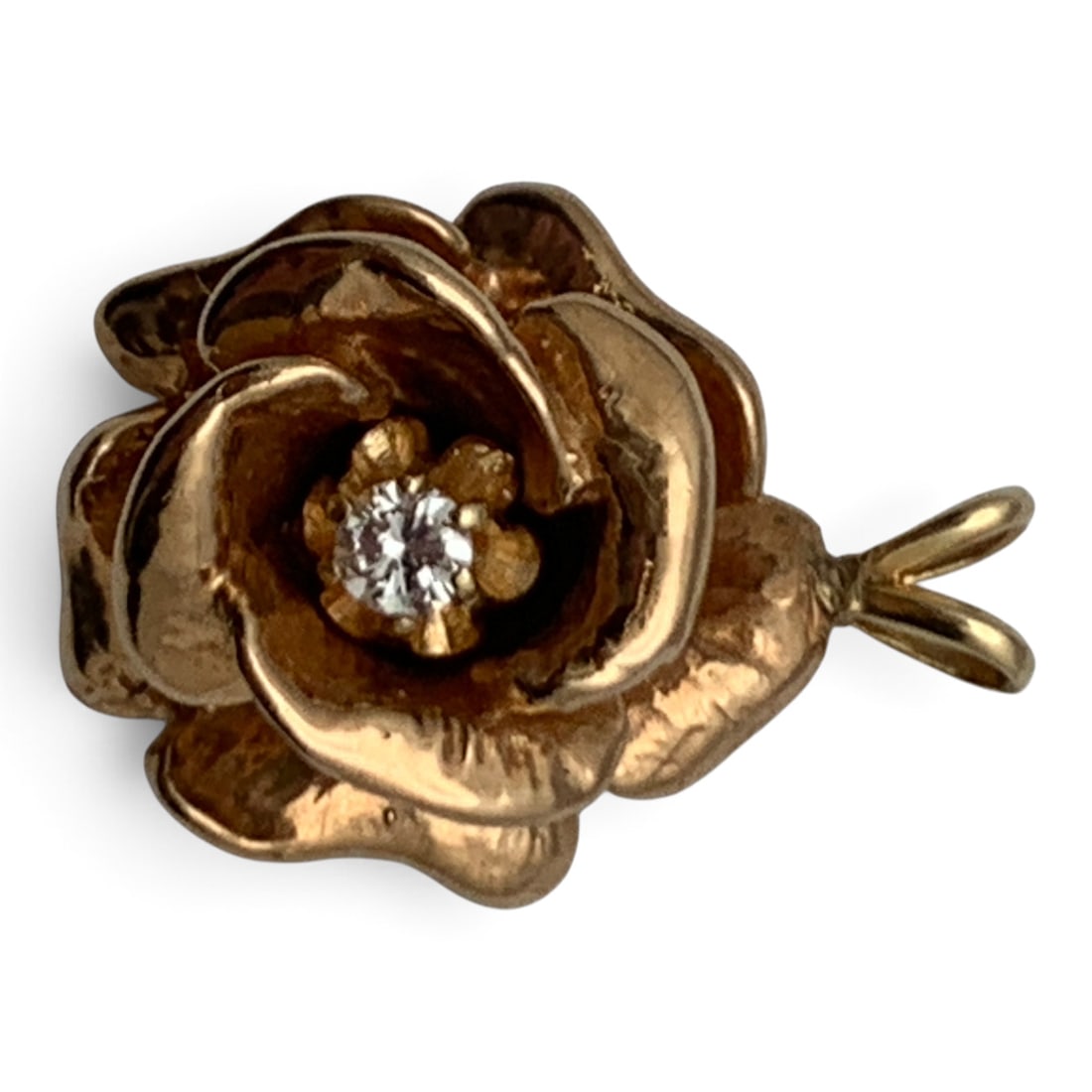 14k Gold & Diamond Flower Pendant: 14k Yellow Gold Rose Design Pendant Featuring A Center Set Round Cut Diamond Approx. 0.10ct.Tests 14k - 7/8" Long - 4.1 DwtGemstones Tested With Presidium Gem Tester Il - Berners Does Not Guarantee