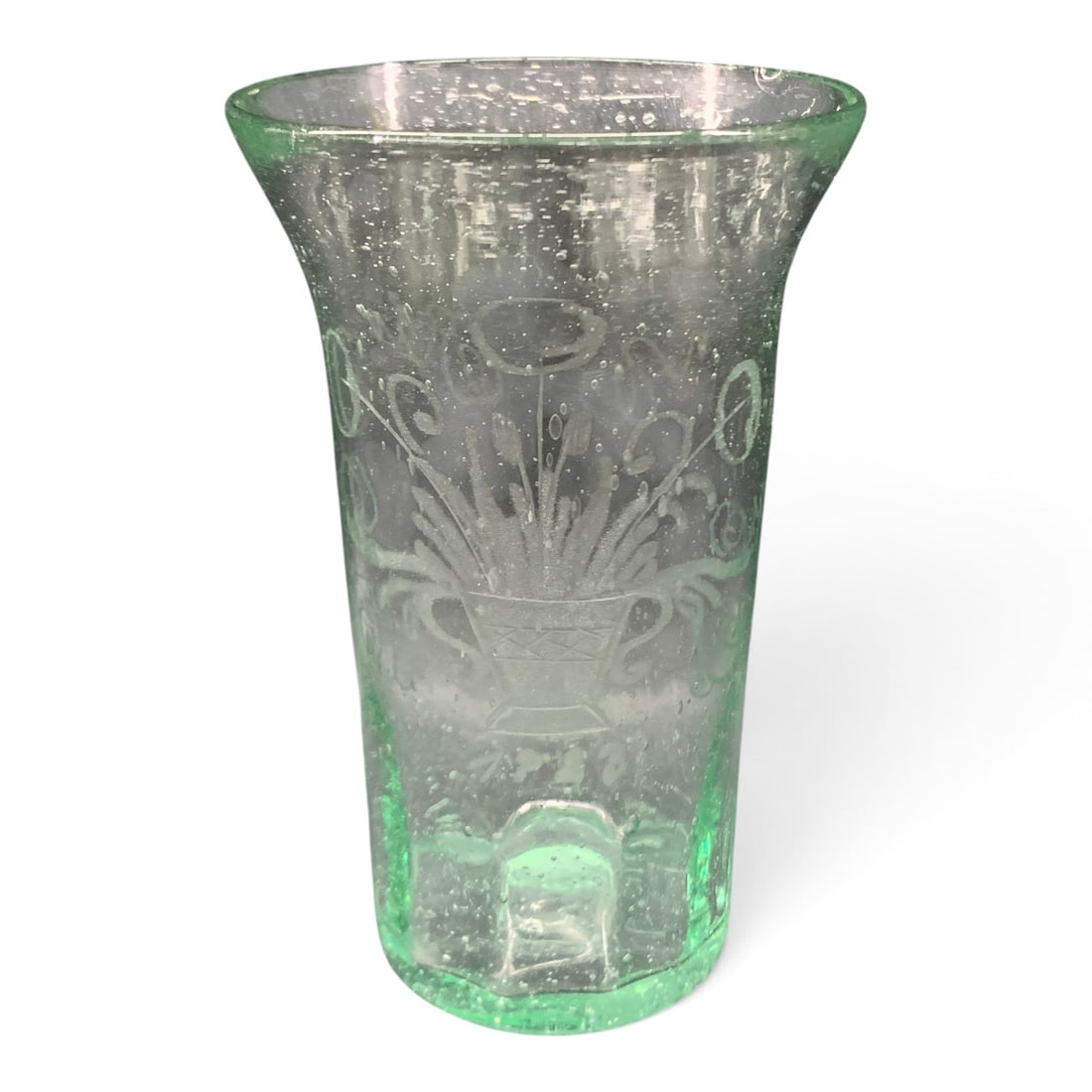 Antique 1723 Wheel Engraved Green Glass Tumbler: Antique Dated 1723 Pale Green Glass Tumbler Featuring A Wheel Engraved Design Of A Basket Of Flowers And Bubbles In The GlassMarked: 1723 - 5" Tall