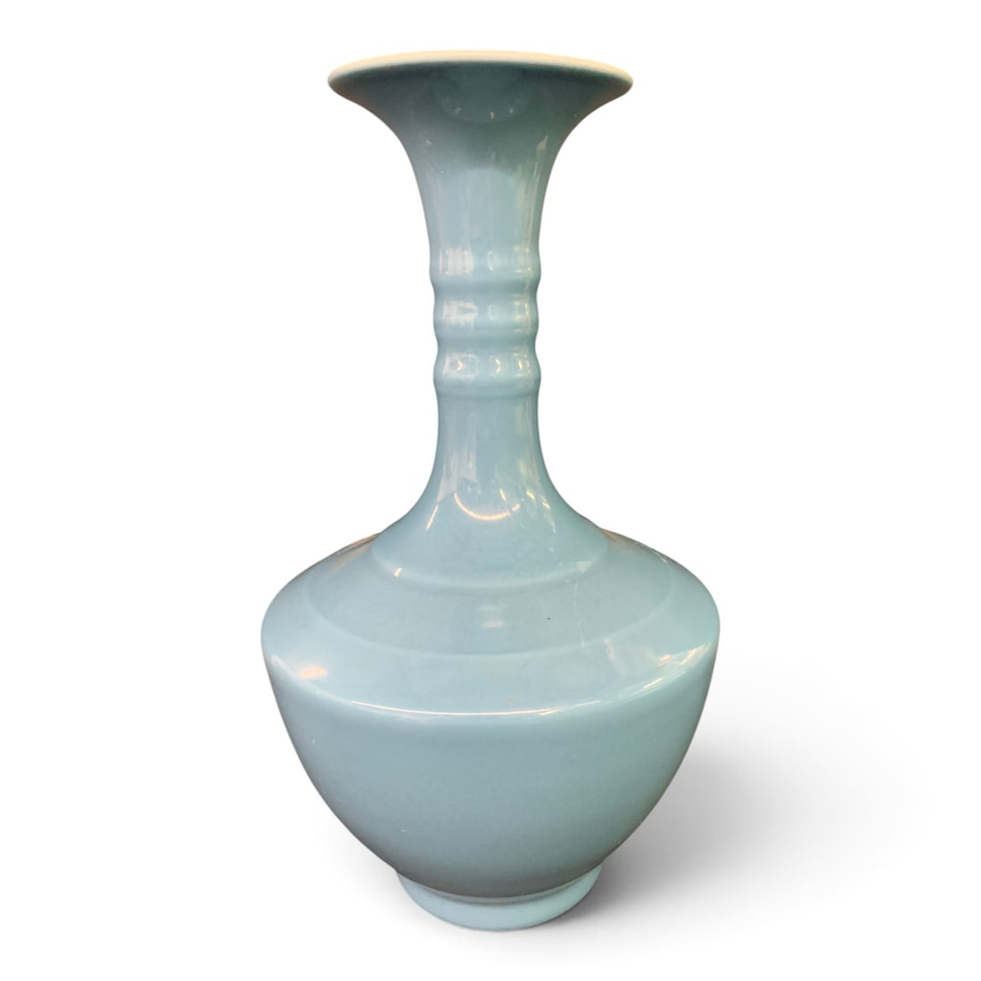Signed Chinese Blue Ceramic Vase: Chinese Ceramic Vase Featuring A Glossy Blue Color And A Bulbous Footed Body Design Bears Mark On Bottom - 10 3/4" Tall
