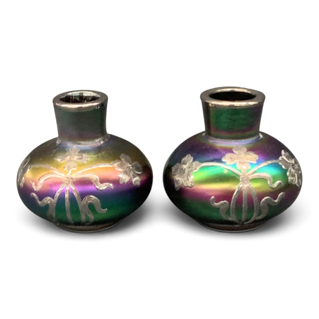 Pair Of Antique Loetz Art Glass Cabinet Vases: Pair Of Antique Loetz (johann Lotz Witwe) Miniature Cabinet Vases Featuring A Iridescent Colors And A Silver Metal Overlay With A Floral Motif2 1/8" Tall