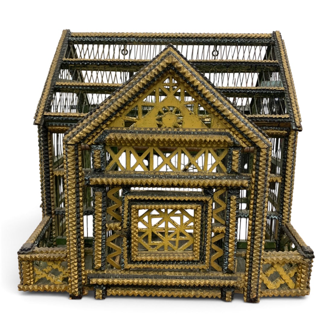Antique Tramp Art Birdcage: Antique Folk Art Piece Crafted In The Tramp Art Style Featuring Notched Carved Geometric Woodworking In Black And Gold Coloring22" Tall, 22 1/2" Long, 20" DeepStructurally In Good Condition -