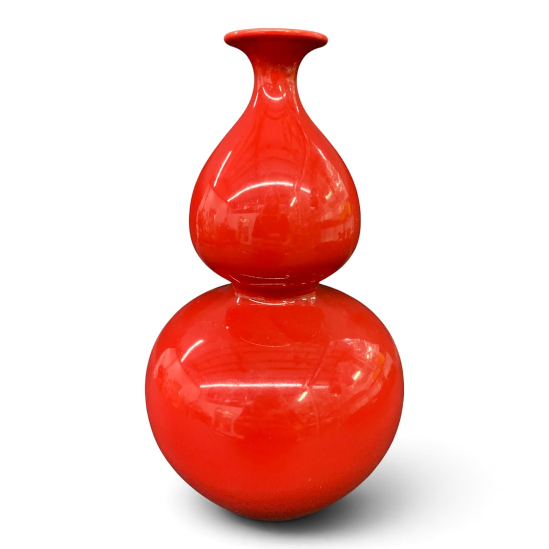 Signed Chinese Red Porcelain Vase: Chinese Porcelain Vase Featuring A Glossy Red Color And A Bulbous Body Design 9" Tall