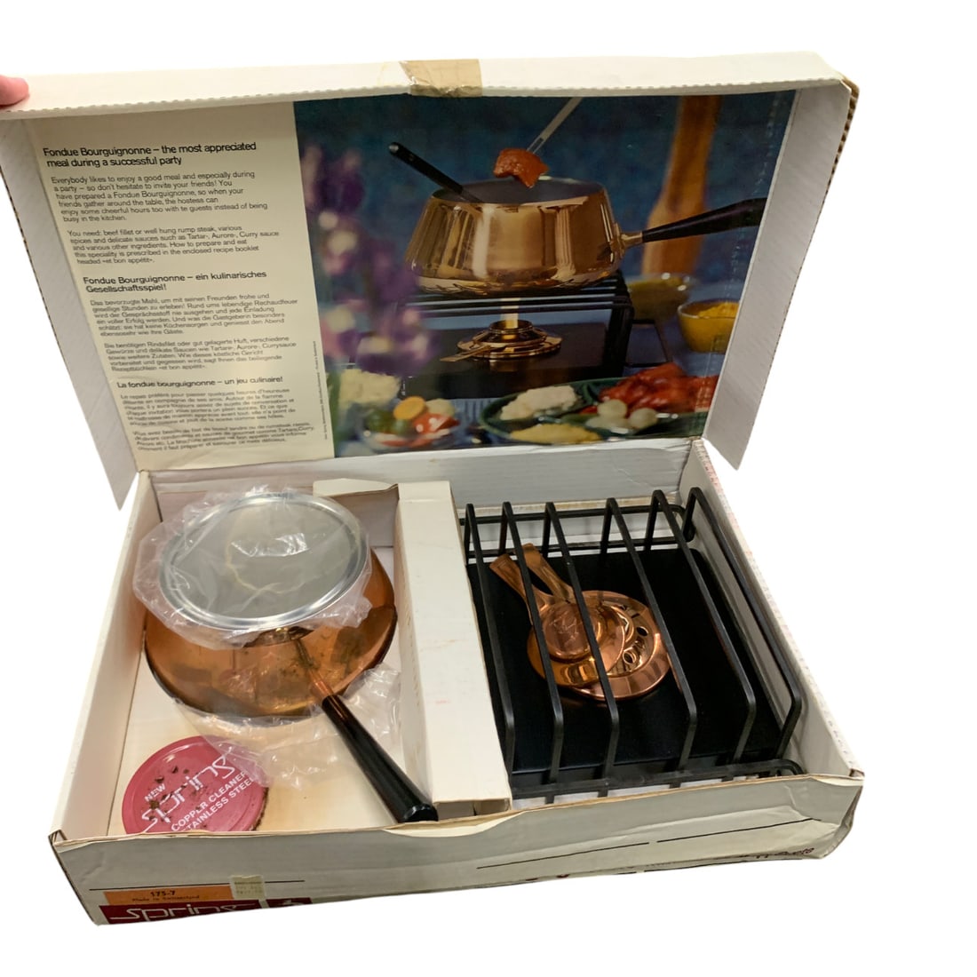 Vintage Spring Swiss Fondue Bourguignonne Set: Vintage Spring Swiss Fondue Bourguignonne Set Featuring A Metal Grated Warmer And A Copper Lidded PotPot: 5 1/4" TallIncludes Original Box