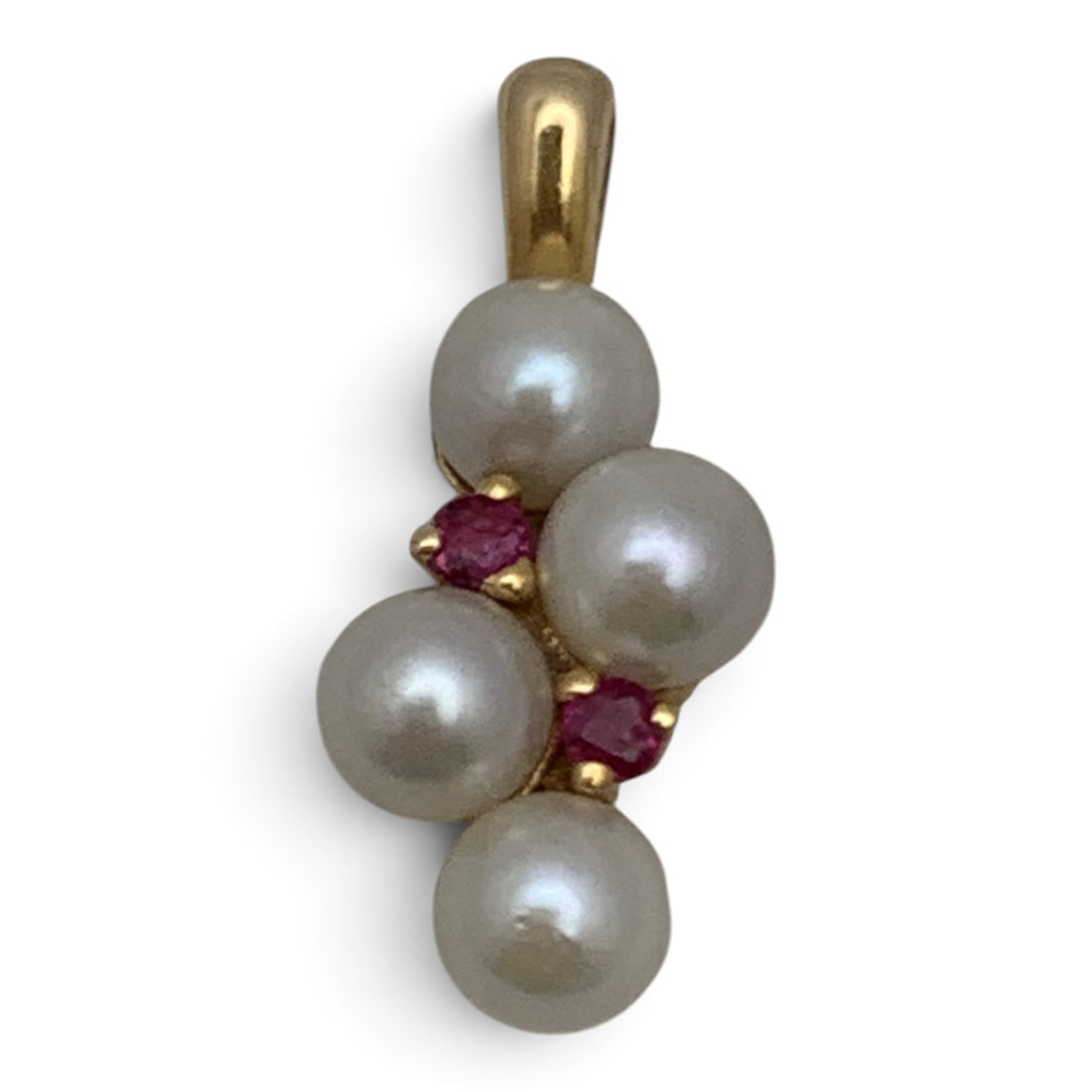 14k Yellow Gold Pearl & Ruby Pendant: 14k Yellow Gold Pendant Featuring 4 Round White Pearls & 2 Round Cut Pink Rubies Marked: 14k - 3/4" Long - 1.0 DwtGemstones Tested With Presidium Gem Tester Il - Berners Does Not Guarantee