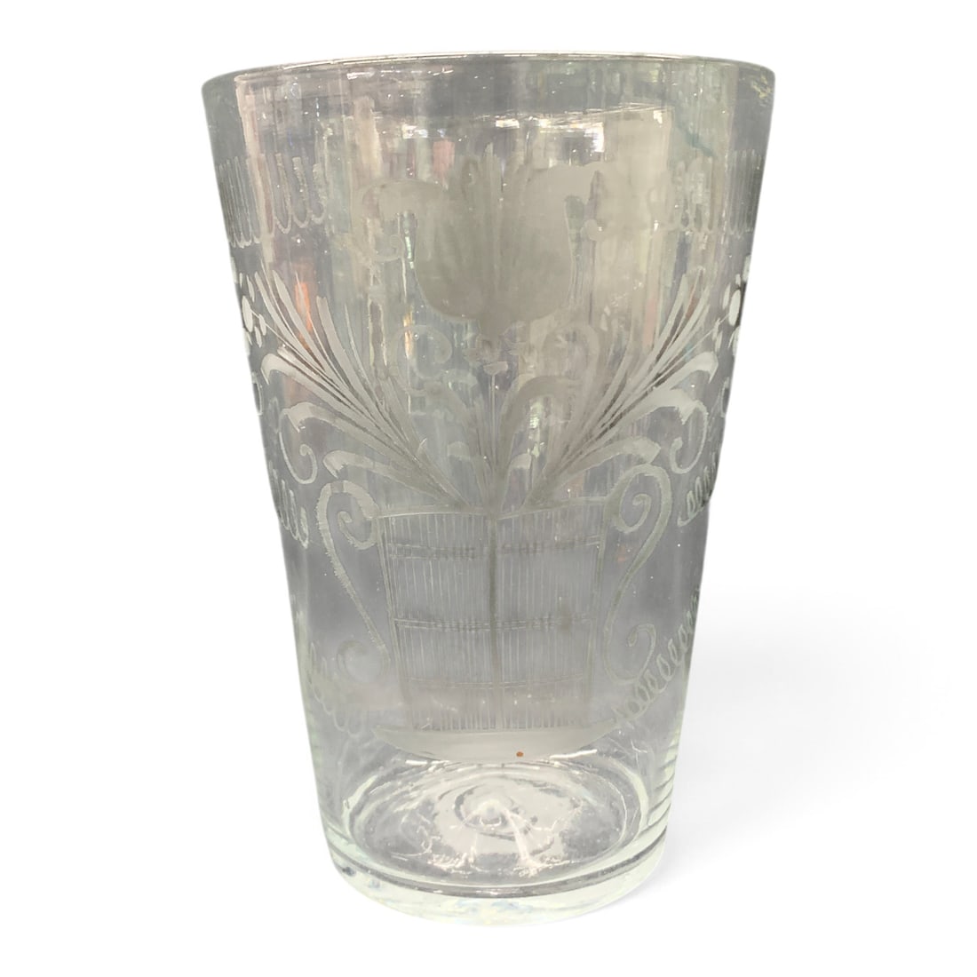 Antique Stiegel-type Blown Glass Vase: Antique Stiegel-type Blown Glass Vase Featuring A Copper Wheel Engraved Floral Design 7 5/8" Tall