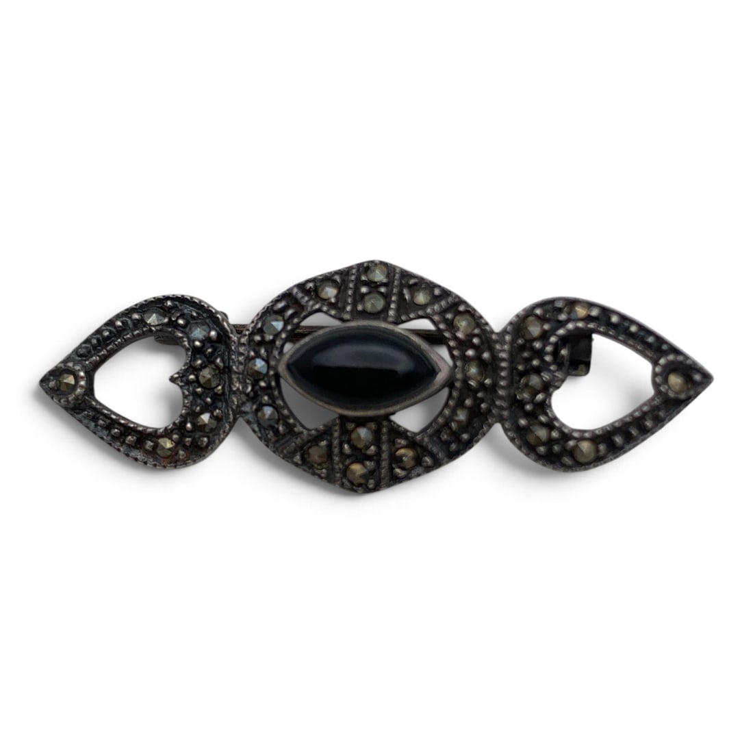 Vintage Sterling Marcasite & Black Stone Pin: Vintage Sterling Silver Pin Featuring Marcasite Stones And A Center Set Black StoneMarked: 925 - 1 7/8" Long - 5.0 Grams