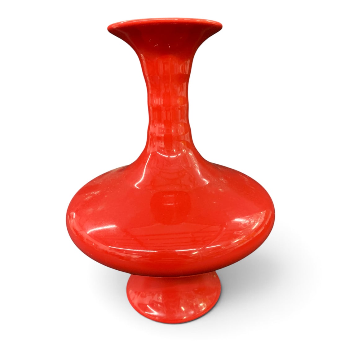 Signed Chinese Red Porcelain Vase: Singed Chinese Porcelain Vase Featuring A Glossy Red Color And A Bulbous Footed Design Bears Mark On Bottom: China - 7 1/2" Tall
