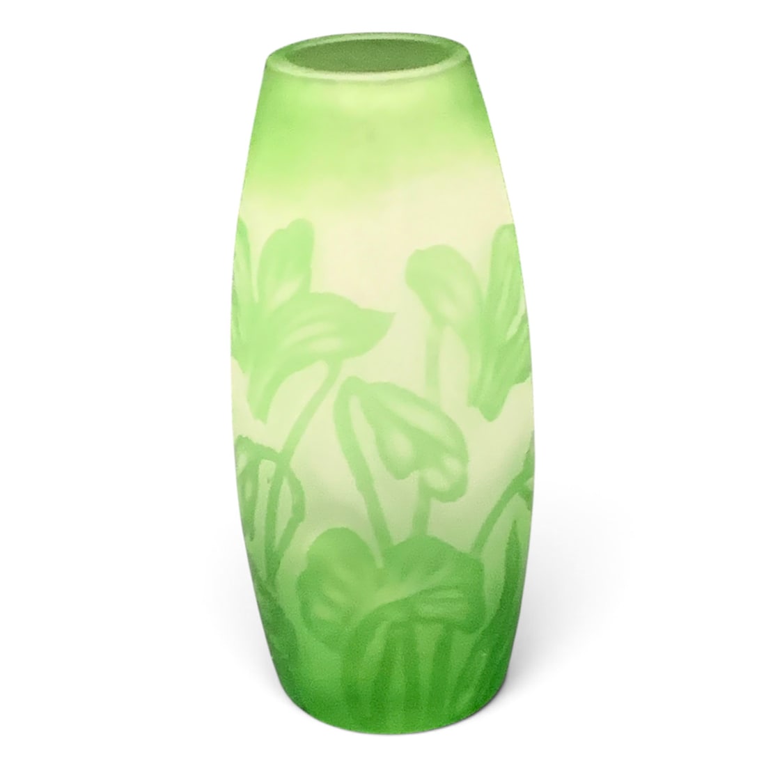 Vintage Signed Art Glass Cameo Cabinet Vase: Vintage Signed Art Glass Cameo Miniature Vase Featuring Green Floral Decoration.Bears Signature - 3 5/8" Tall