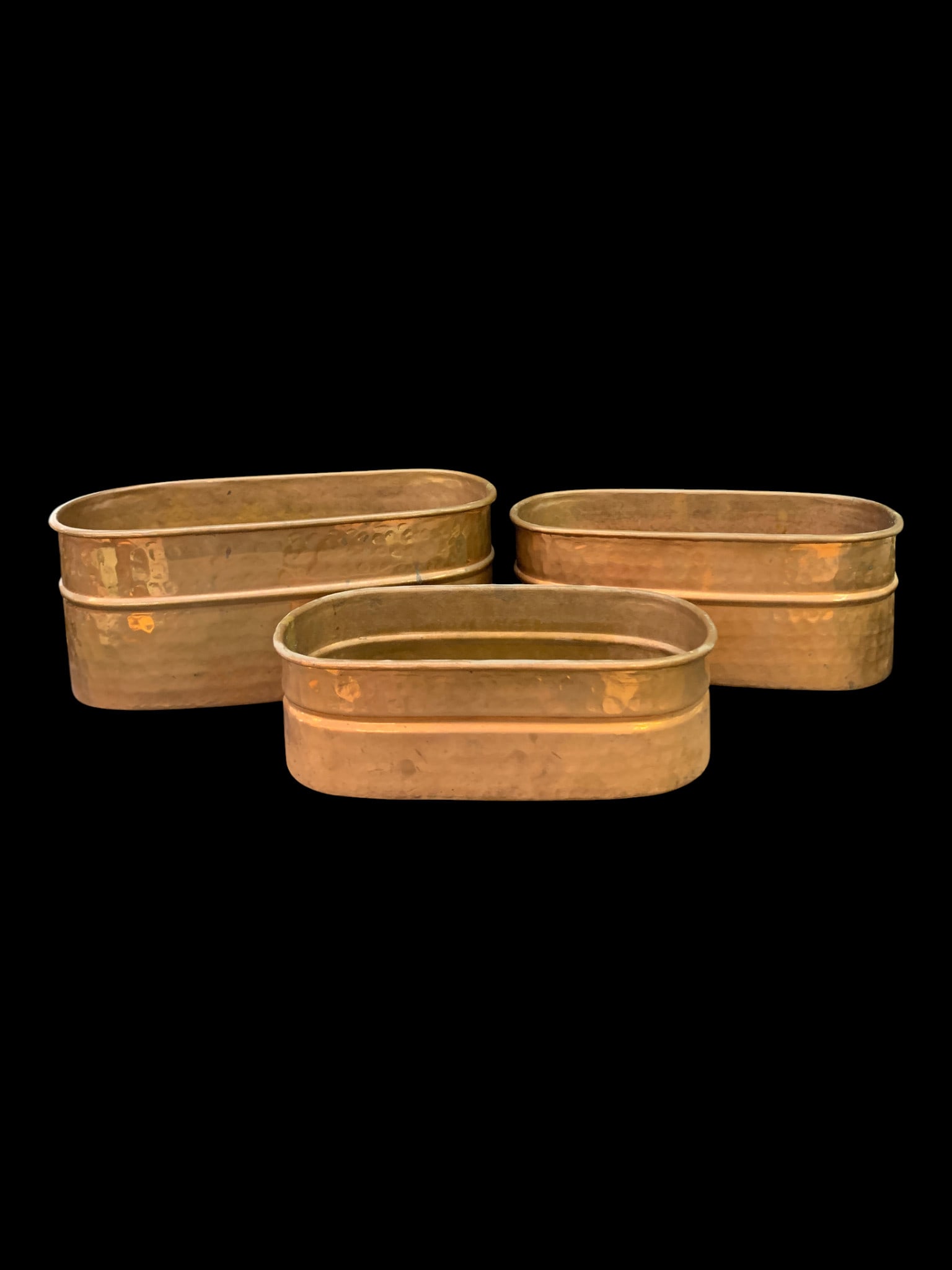 3 Vintage Copper Trough Pots: 3 Vintage Copper Trough Pots 9 5/8", 10 1/2" & 12" Long