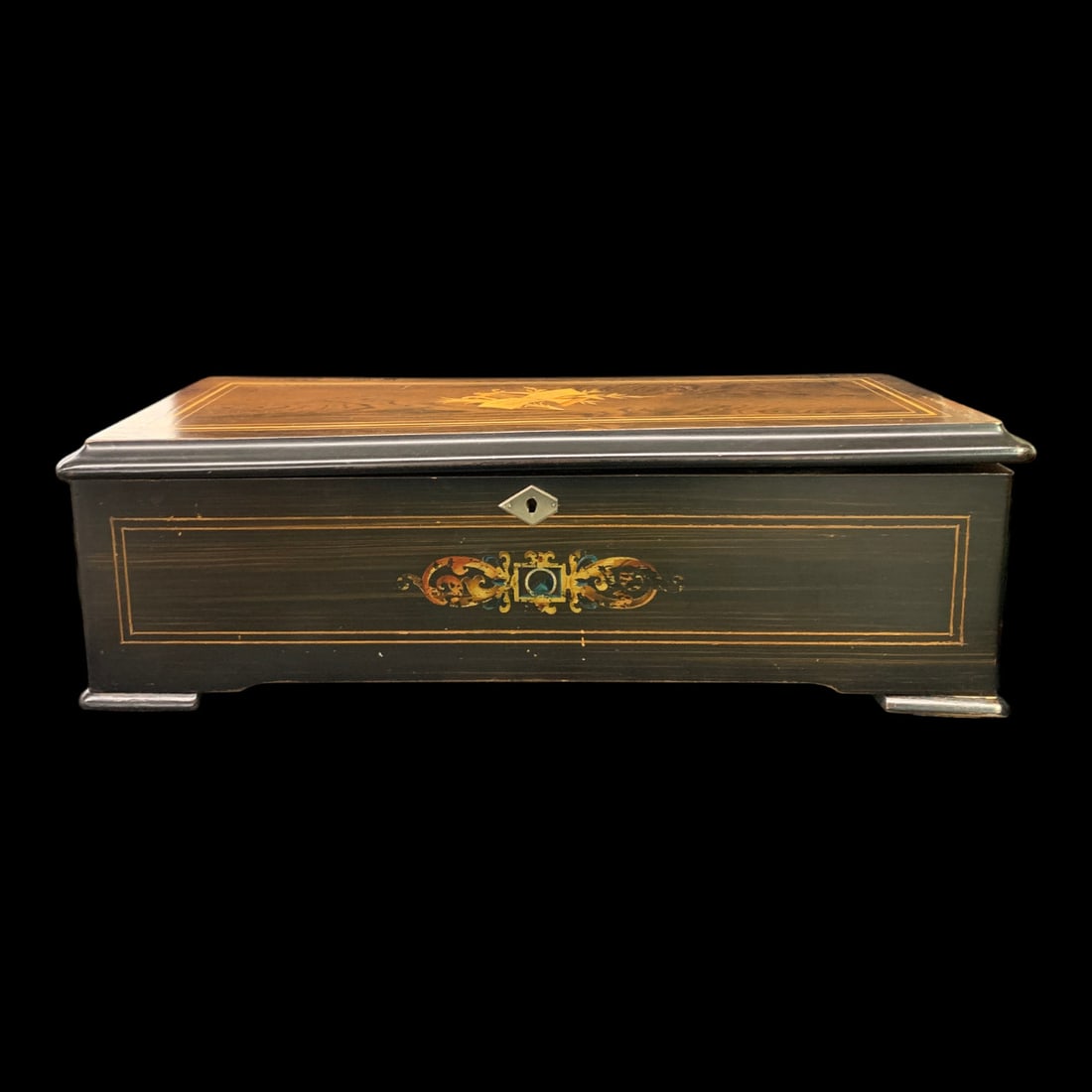 19th-century Swiss Cylinder Music Box: 19th-century Swiss Cylinder Music Box Featuring An Internal Glass Dust Lid And An Original Song Program Sheet Affixed To The Inside Of The Case LidShows Wear - Shows Slight Damage To Top Of Lid Case -