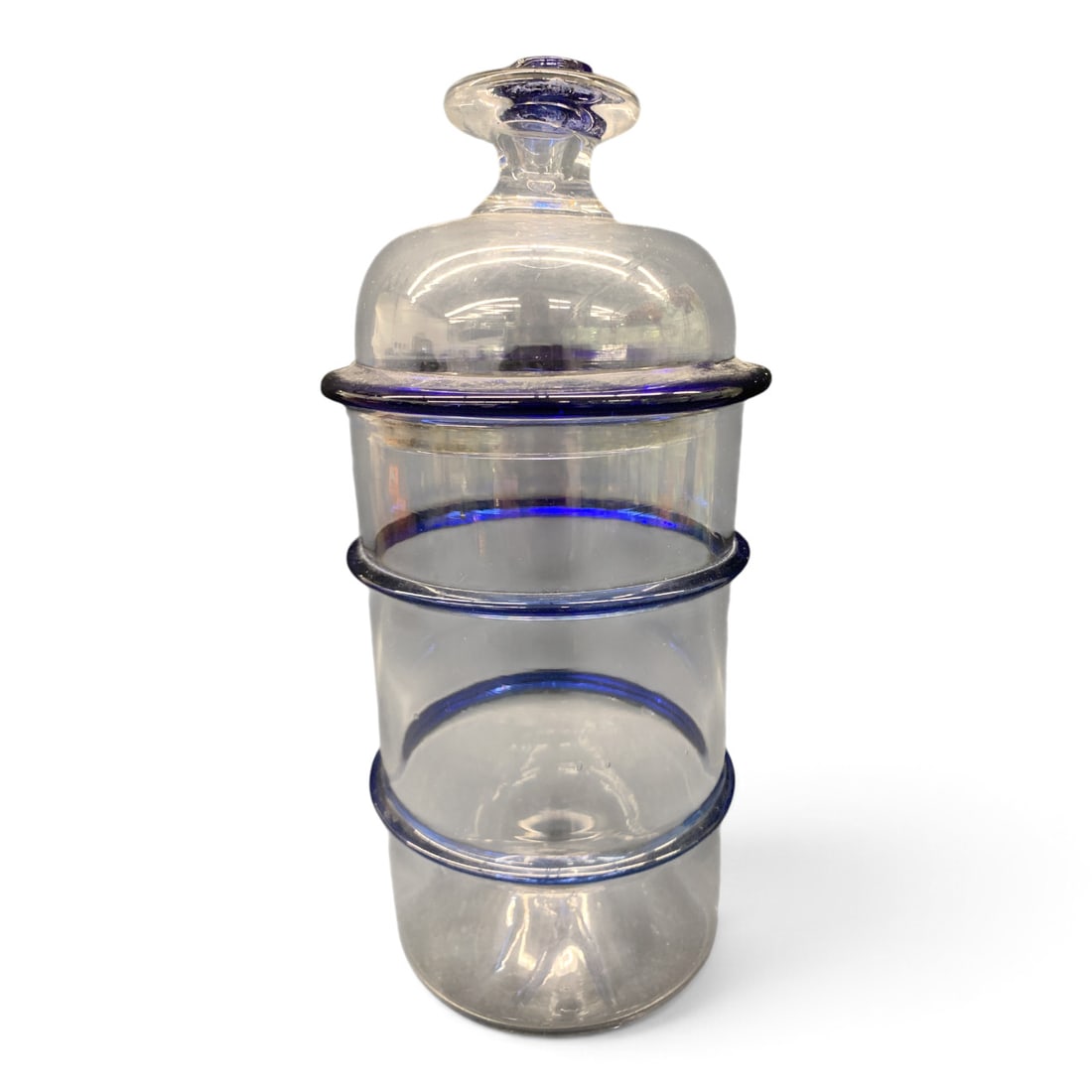 Antique Free-blown Glass Ring Storage Jar: Antique Free-blown Glass Ring Storage Jar Featuring Applied Cobalt Blue Glass Rings And A Matching Domed Lid 10 1/8" Tall