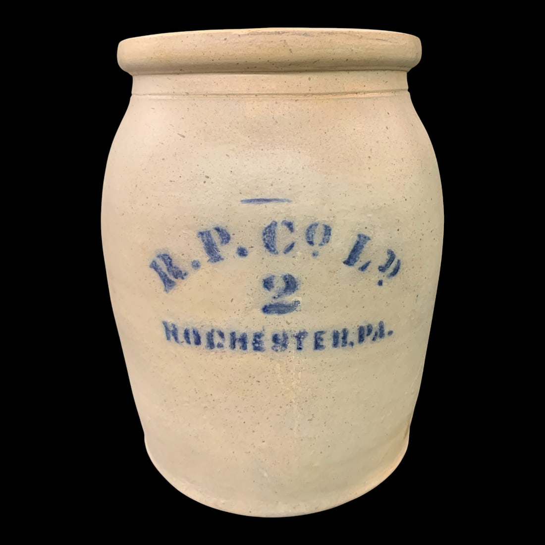 Antique R. P. Co. Stoneware Crock: Antique R. P. Co. Rochester, Pa Stoneware Crock With Cobalt Blue LetteringMarked: R. P. Cp., 211 5/8" Tall