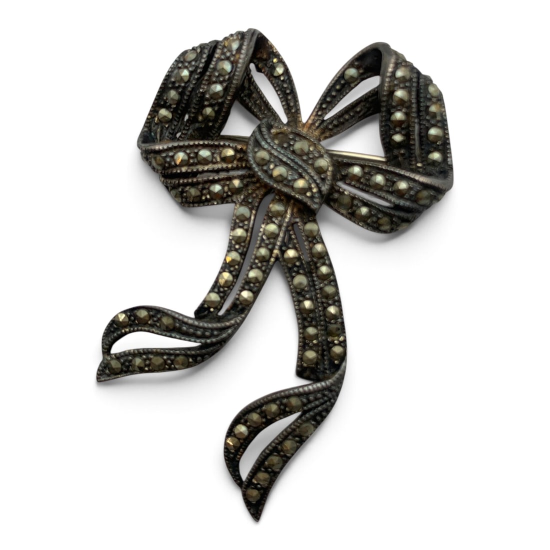 Vintage Sterling Silver & Marcasite Bow Pin: Vintage Sterling Silver Bow Pin Featuring Marcasite Stones Marked: 925 - 2" Long - 12.3 Grams