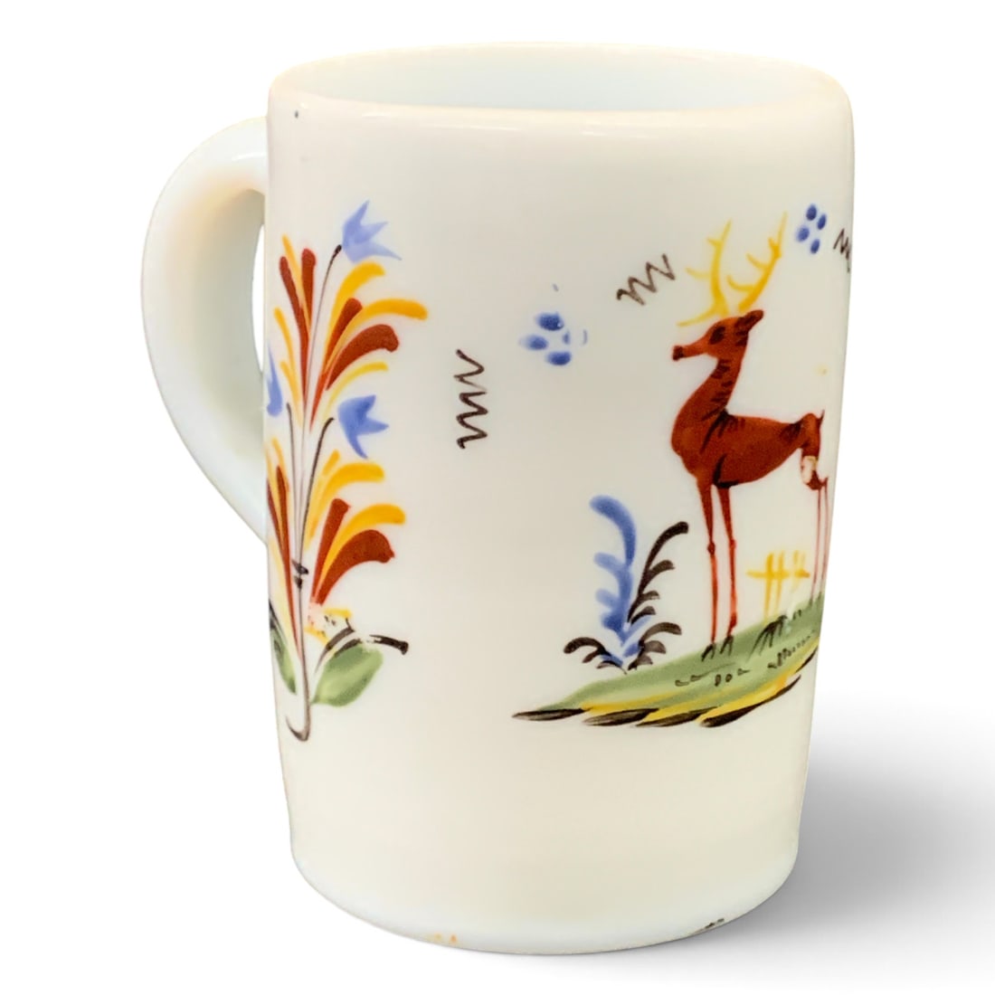 Antique Milk Glass Hand Painted Mug: Antique White Milk Glass Mug Featuring Colorful Hand Painted Decorations4" Tall