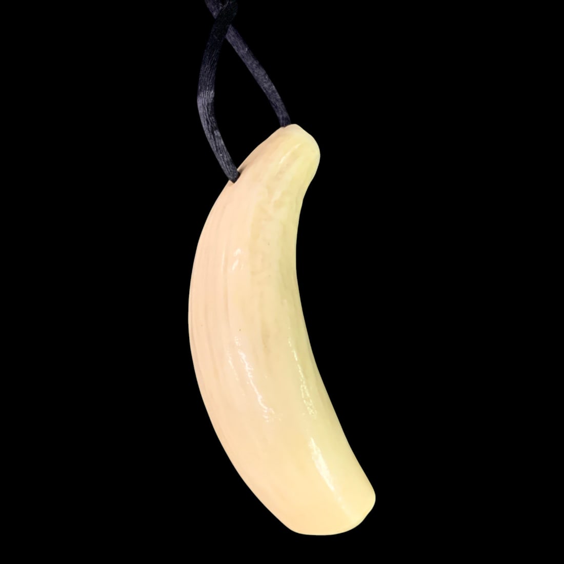 Vintage Carved Horn Necklace: Carved White Horn Pendant On A Black Cloth Necklace 3 1/4" Long Horn Piece
