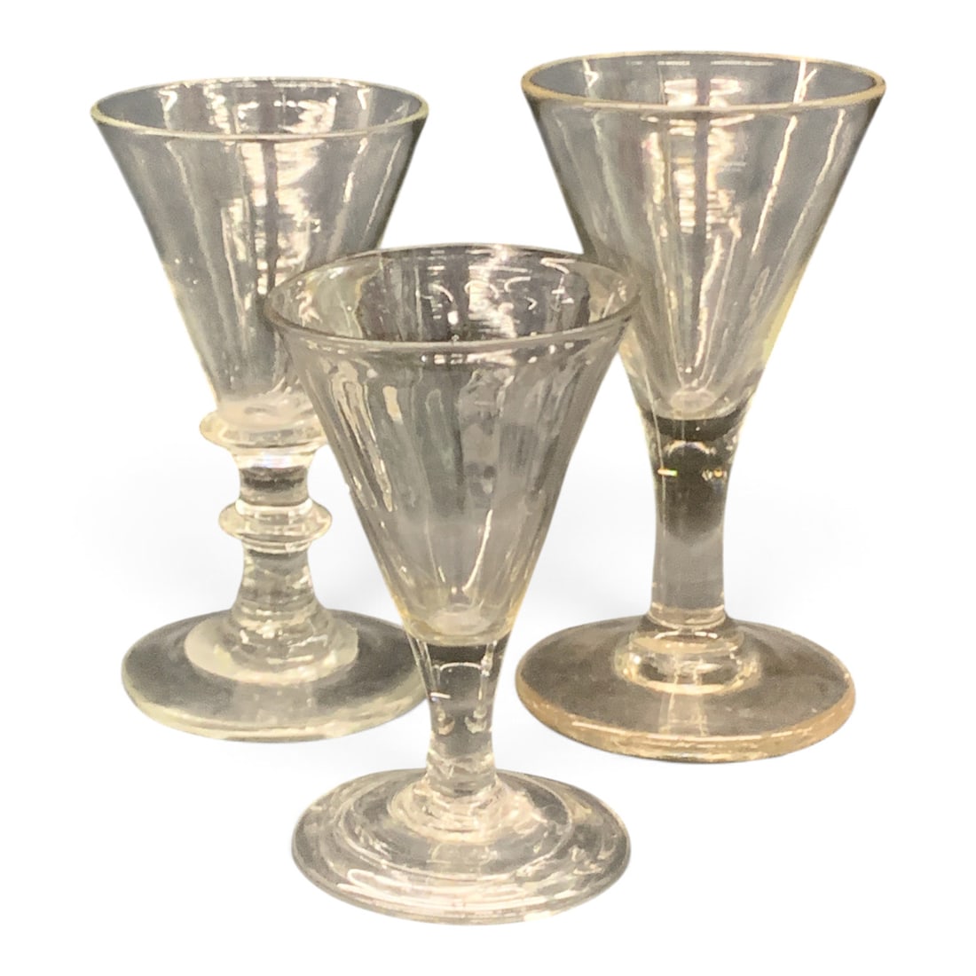 Set Of 3 Antique Stiegel-type Stemmed Glasses: Set Of 3 Antique Stiegel-type Stemmed Hand Blown Glasses 3 1/2" - 4 1/2" Tall